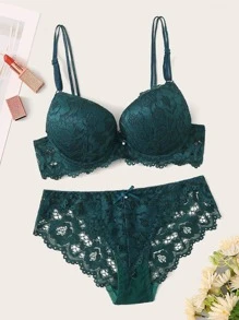 Floral Lace Underwire Lingerie Set - Dark Green - View 1