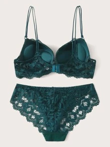 Floral Lace Underwire Lingerie Set - Dark Green - View 2