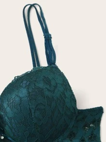 Floral Lace Underwire Lingerie Set - Dark Green - View 4