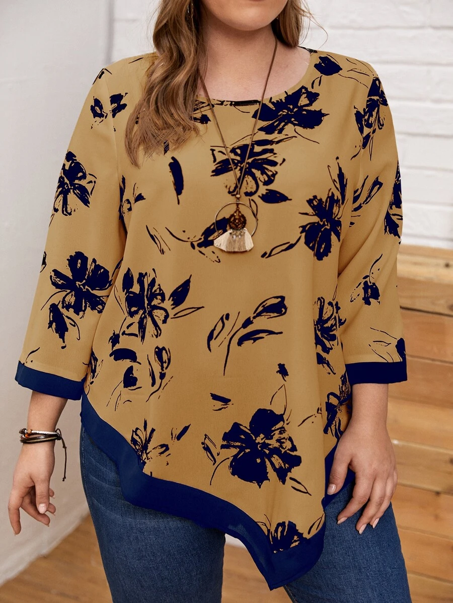 EMERY ROSE 大碼花卉圖案不對稱下擺襯衫 - 棕色 - 查看 1