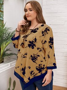 EMERY ROSE 大碼花卉圖案不對稱下擺襯衫 - 棕色 - 查看 3