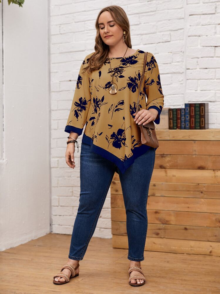 EMERY ROSE Áo sơ mi Plus Size Bất đối xứng Hoa Giải trí - màu nâu - Xem 4