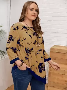 EMERY ROSE 大碼花卉圖案不對稱下擺襯衫 - 棕色 - 查看 5