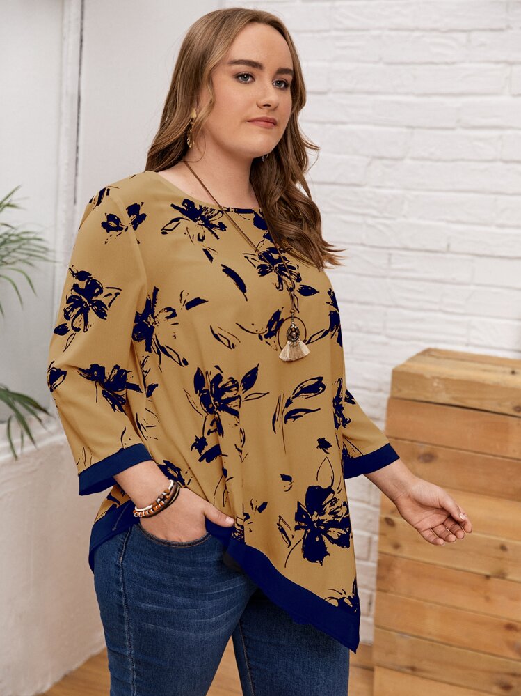 EMERY ROSE Áo sơ mi Plus Size Bất đối xứng Hoa Giải trí - màu nâu - Xem 5