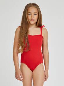 SHEIN Girls Knot One Piece Swimsuit - Red - View 1