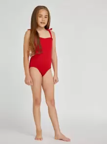 SHEIN Girls Knot One Piece Swimsuit - Red - View 4