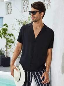 Manfinity Homme Camisa unicolor de cuello con solapa - Negro - Ver 1