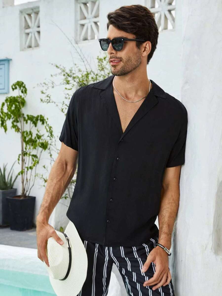 Manfinity Homme Camisa unicolor de cuello con solapa - Negro - Ver 1
