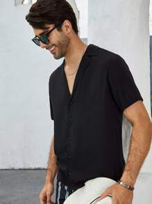 Manfinity Homme Camisa unicolor de cuello con solapa - Negro - Ver 3