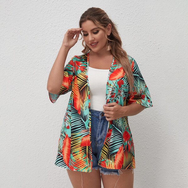

Plus Tropical Print Kimono, Multicolor