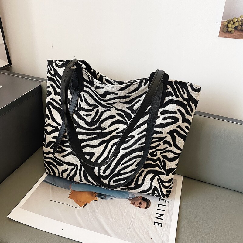 

Zebra Striped Tote Bag, Black