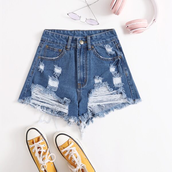 

Ripped Raw Hem Denim Shorts, Medium wash
