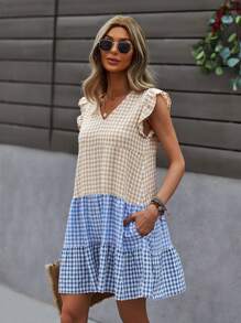 Vestido babydoll de guingán con costura - Multicolor - Ver 1