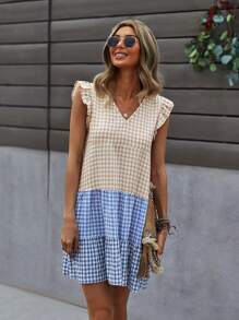 Vestido babydoll de guingán con costura - Multicolor - Ver 3