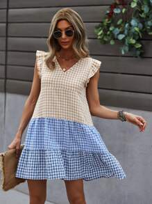 Vestido babydoll de guingán con costura - Multicolor - Ver 4