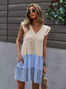 Vestido babydoll de guingán con costura - Multicolor - Ver 5