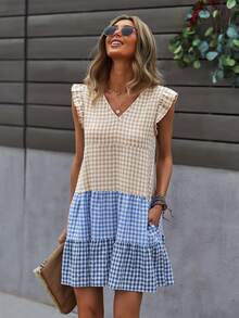 Vestido babydoll de guingán con costura - Multicolor - Ver 6