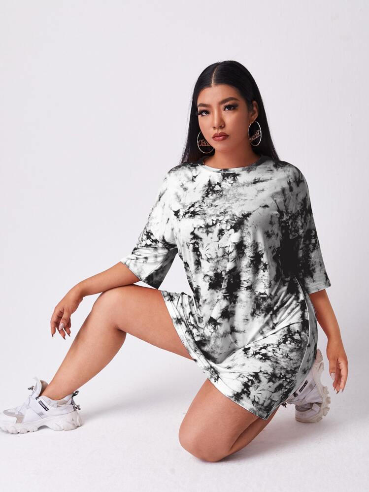 Flirla Plus Size Drop Shoulder Tie Dye Tee - Black and White - View 1