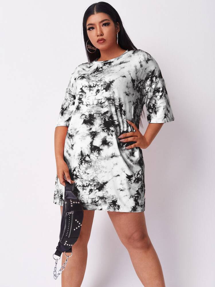 Flirla Plus Size Drop Shoulder Tie Dye Tee - Black and White - View 5