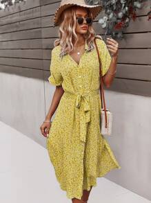 SHEIN VCAY Ditsy Floral Tie Front Button Through Dress - Yellow - View 1
