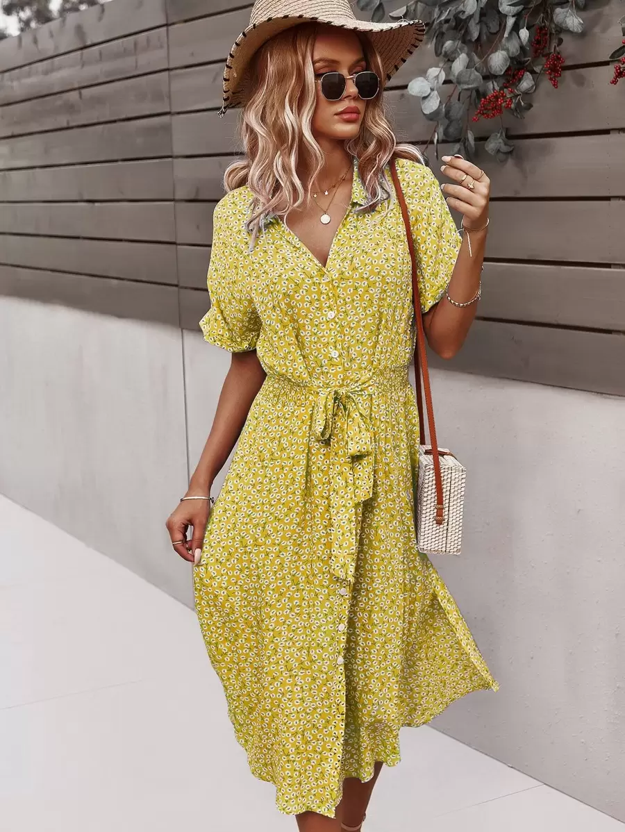SHEIN VCAY Ditsy Floral Tie Front Button Through Dress - Yellow - View 1