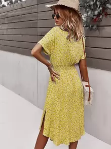 SHEIN VCAY Ditsy Floral Tie Front Button Through Dress - Yellow - View 2