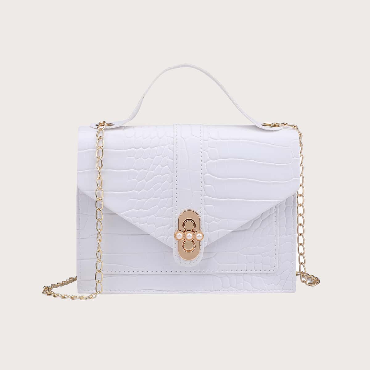 

Faux Pearl Decor Satchel Bag, White