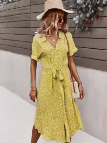 SHEIN VCAY Ditsy Floral Tie Front Button Through Dress - Yellow - View 3