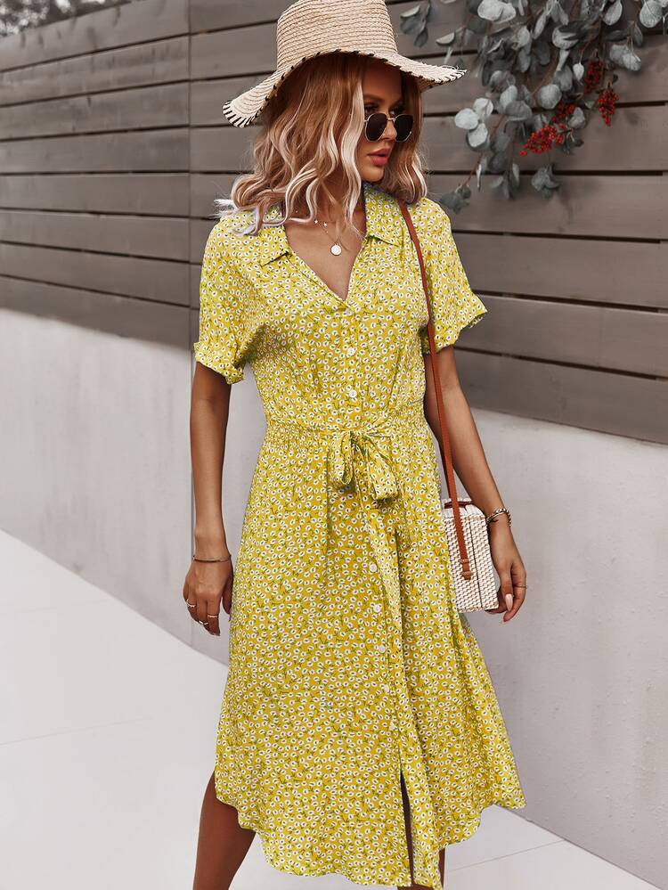 SHEIN VCAY Ditsy Floral Tie Front Button Through Dress - Yellow - View 3