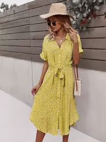 SHEIN VCAY Ditsy Floral Tie Front Button Through Dress - Yellow - View 4