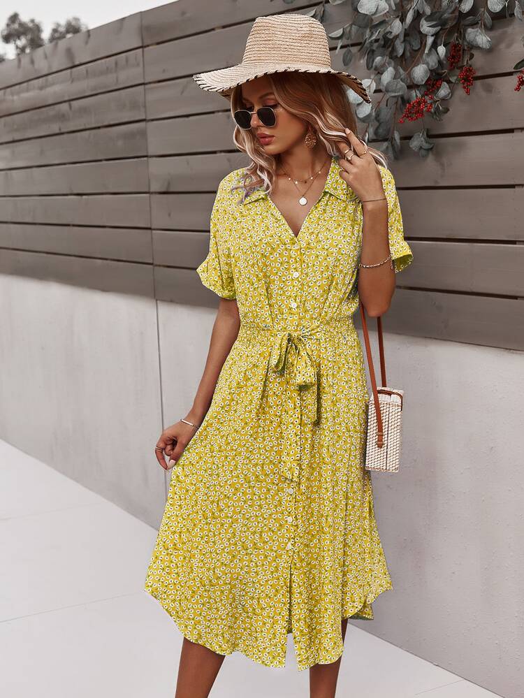 SHEIN VCAY Ditsy Floral Tie Front Button Through Dress - Yellow - View 4