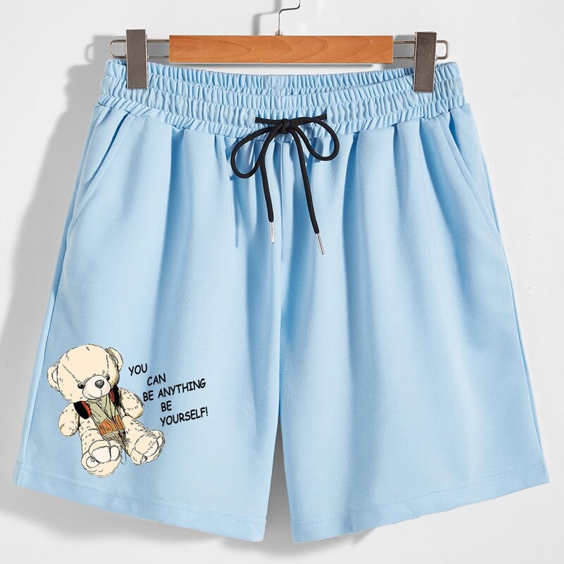 

Guys Letter Cartoon Bear Drawstring Shorts, Baby blue