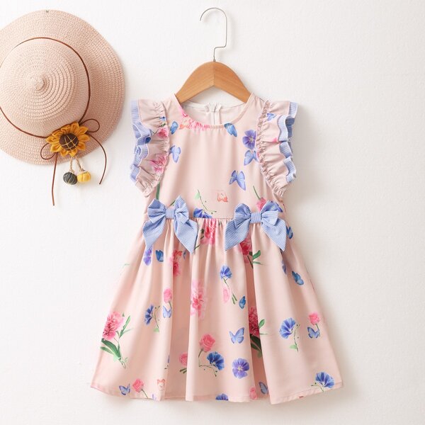 

Toddler Girls Floral Print Bow Front Smock Dress, Baby pink