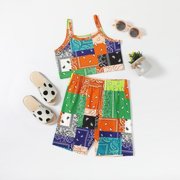 

Toddler Girls Paisley Print Patchwork Cami Top & Biker Shorts, Multicolor
