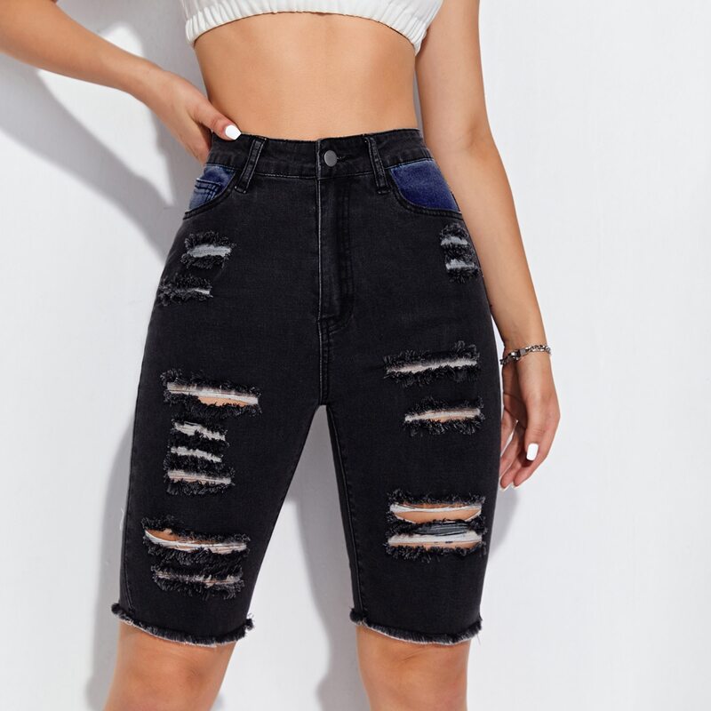 

Ripped Raw Hem Denim Shorts, Black