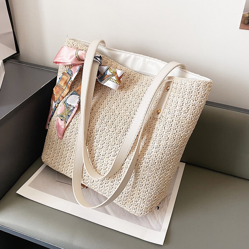 

Bow Decor Straw Tote Bag, Beige