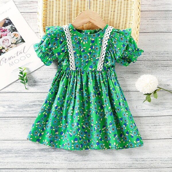 

Toddler Girls Floral Lace Insert Ruffle Babydoll Dress, Green