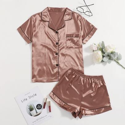 Contrast Binding Satin PJ Set