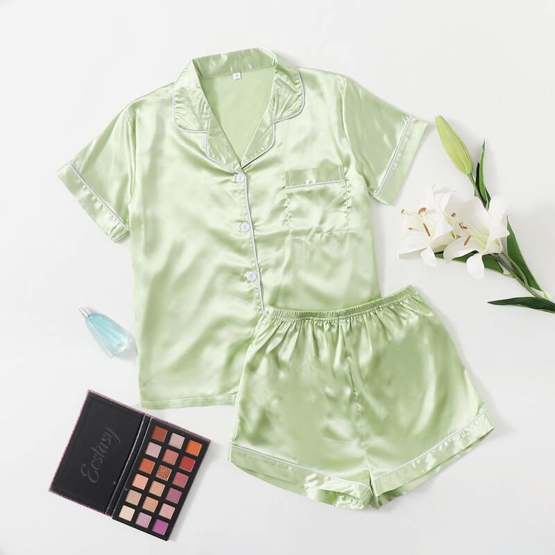 

Contrast Binding Satin PJ Set, Mint green