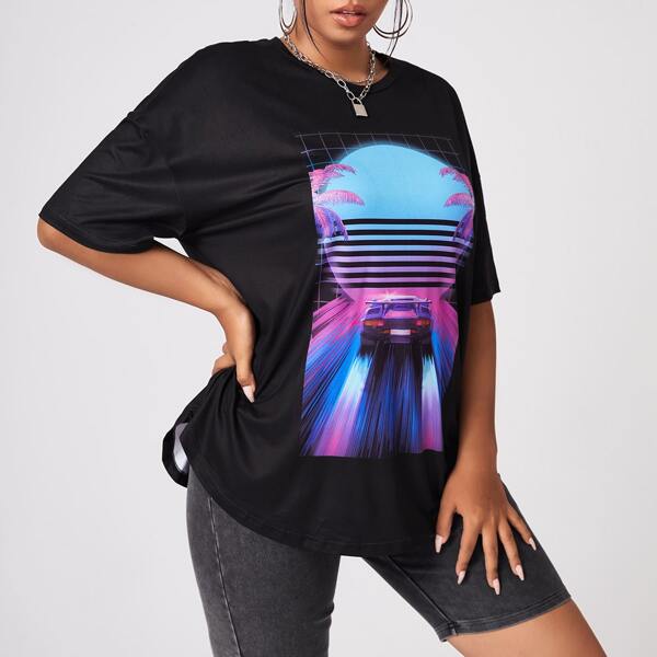 

Plus Tropical & Car Print Tee, Black