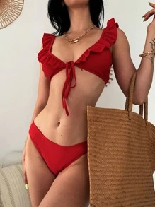 Ruffle Knot Front Bikini For Summer Beach Vacation - Red - View 1