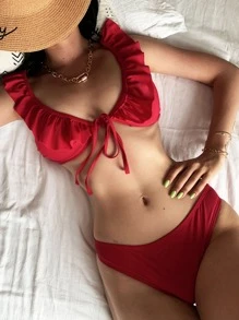 Ruffle Knot Front Bikini For Summer Beach Vacation - Red - View 4