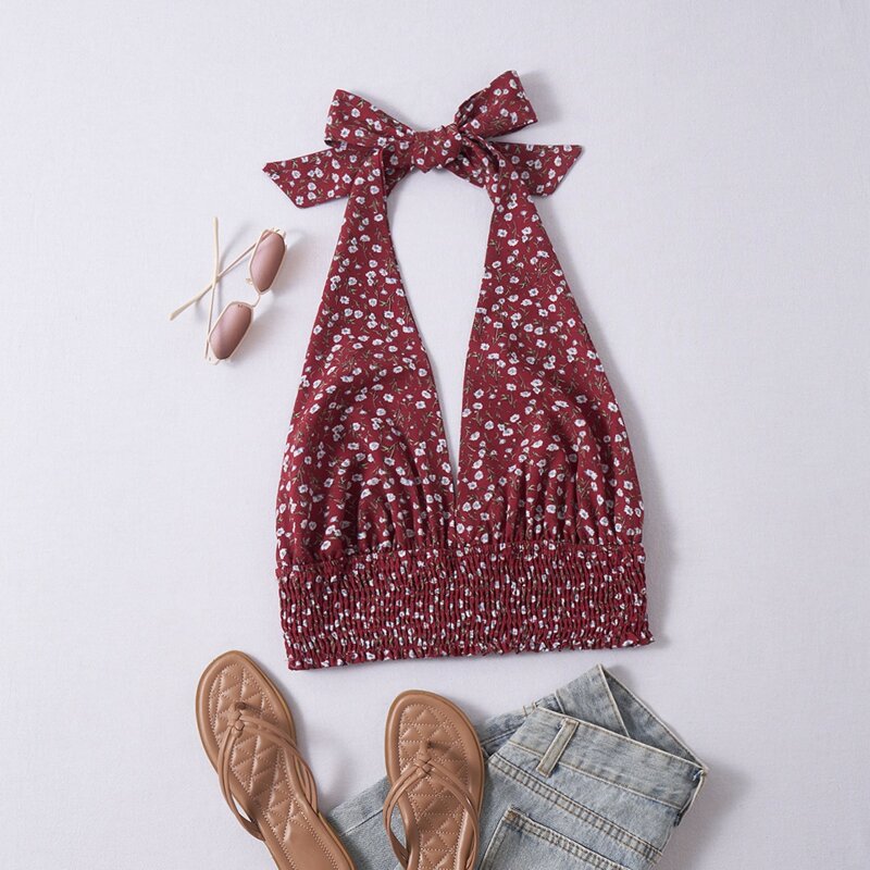 

Ditsy Floral Shirred Crop Top, Maroon