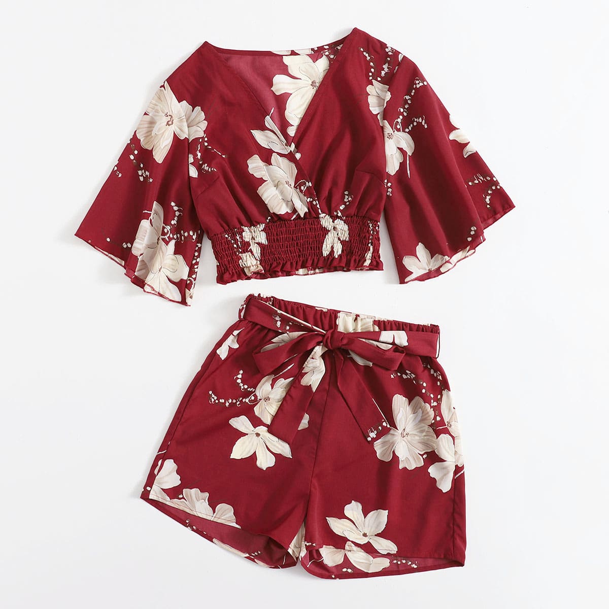 

Floral Print Shirred Blouse & Belted Shorts, Burgundy