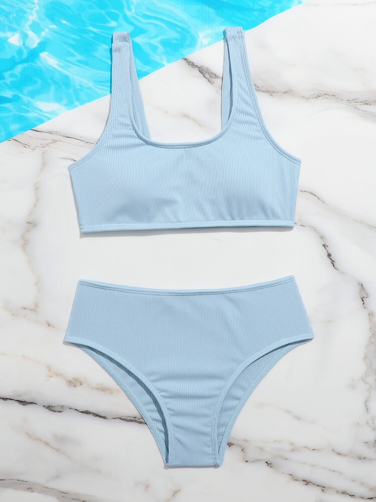 Tween Girl Rib Bikini Set Summer Beach Kids Swimming ,Kids Beachwear - Dusty Blue - View 3