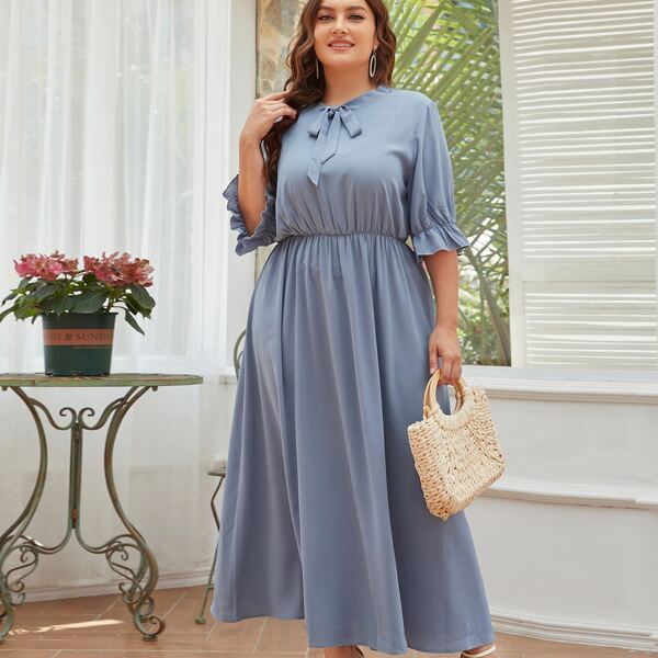 

Plus Tie Neck Flounce Sleeve Dress, Dusty blue