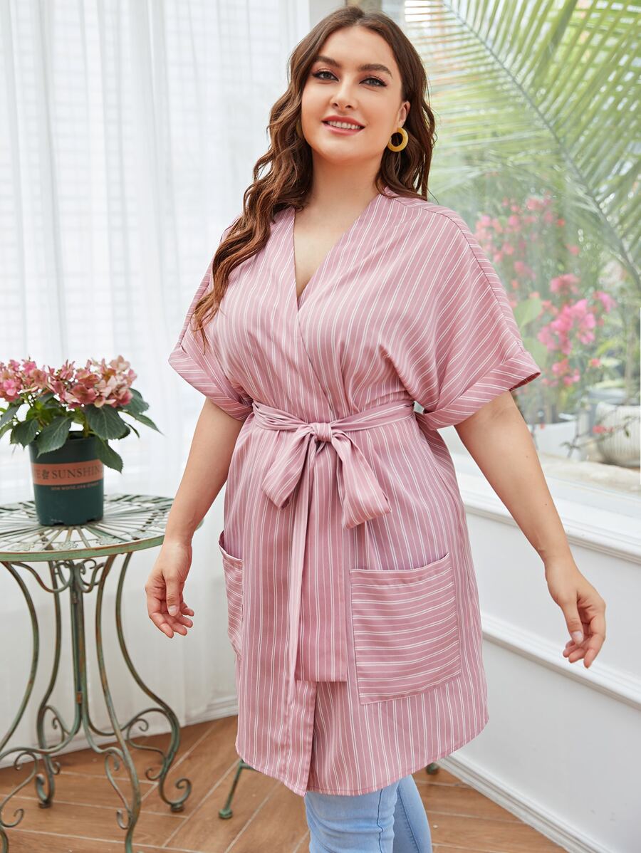 Mulvari Plus Striped Batwing Sleeve Belted Blouse - Dusty Pink - View 1