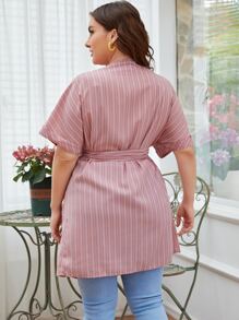 Mulvari Plus Striped Batwing Sleeve Belted Blouse - Dusty Pink - View 2