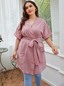 Mulvari Plus Striped Batwing Sleeve Belted Blouse - Dusty Pink - View 3