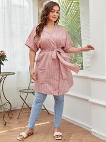Mulvari Plus Striped Batwing Sleeve Belted Blouse - Dusty Pink - View 4